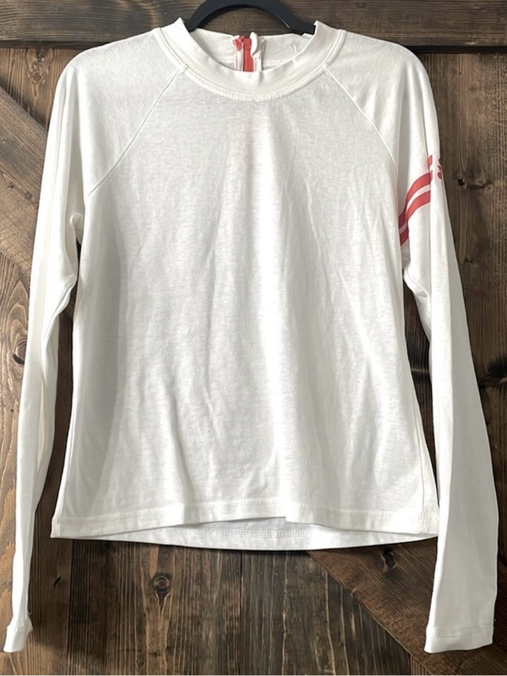 FREE PEOPLE Movement Long Sleeve White Top with Coral Stripe Detail